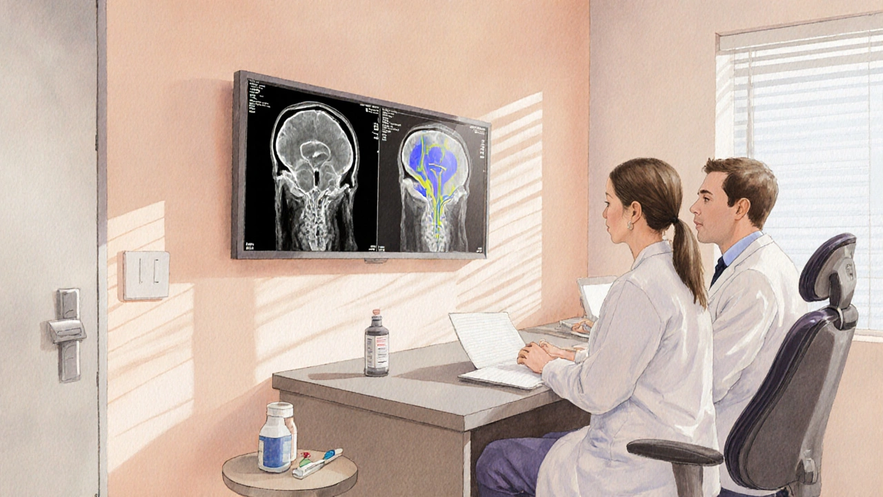 Dentista a neurolog v ordinaci, MRI, léky a jemná masáž krku, ukazují preventivní péči.