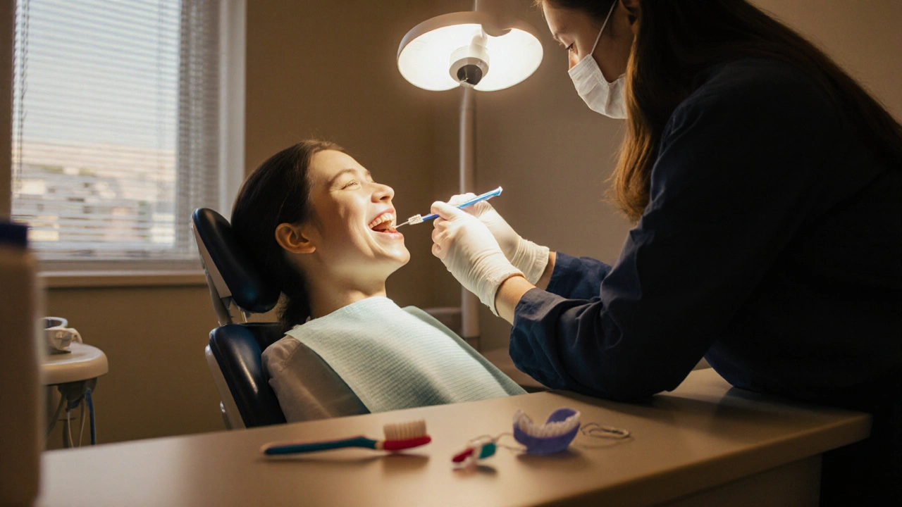 Dentista kontroluje korunku, vedle jsou kartáček, nit a ochranná dlahu.
