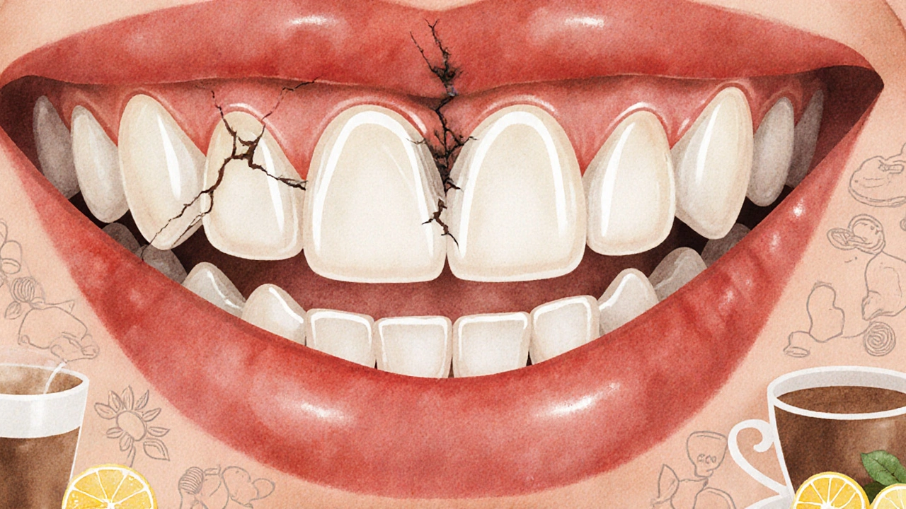 Detailní zobrazení předních zubů s tenkou sklovinou, prasklinou a zánětem dásní.