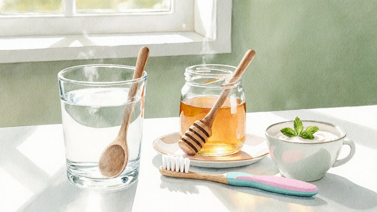 Domácí prostředky: sklenice slané vody, medová pasta, zubní kartáček a jogurt.