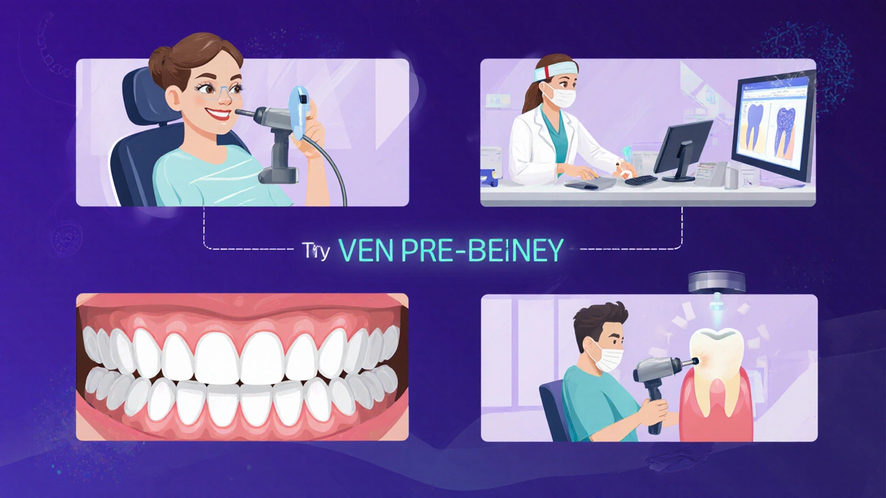 Ilustrace čtyř fází zákroku: sken, příprava, laboratoř, nasazení fazety.