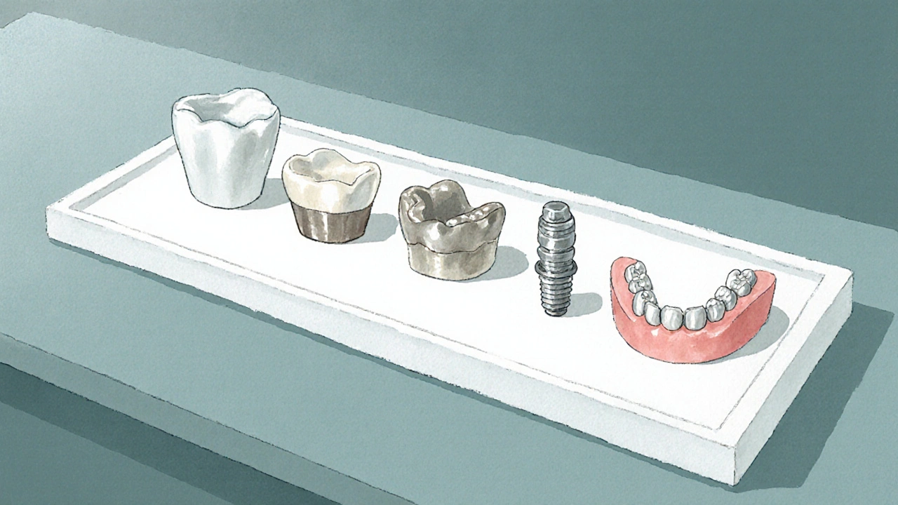 Ilustrace pěti typů umělých zubů na dentální podložce, každá s odlišnou texturou.