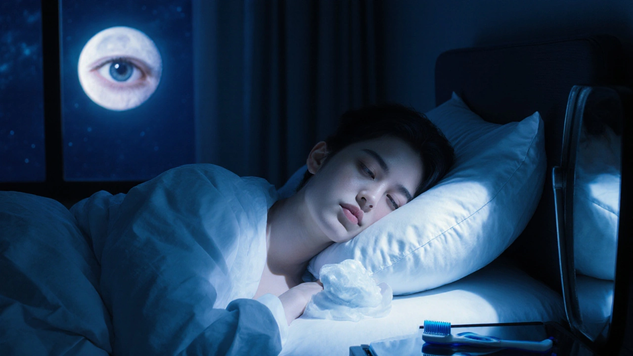 Osoba leží v posteli s hlavou zvednutou na polštářích, ledový obklad na tváři, noční atmosféra.