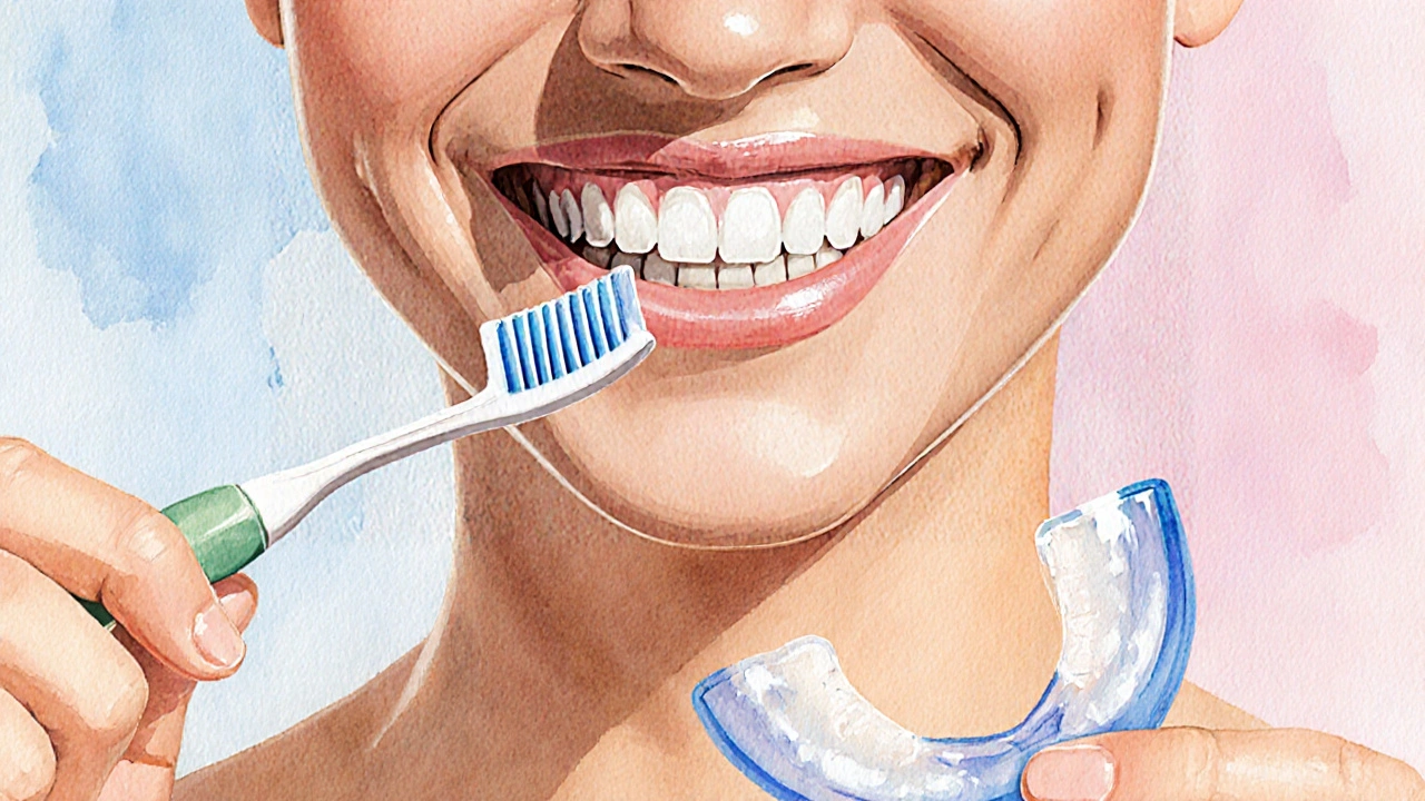 Osoba se zářivým úsměvem drží zubní kartáček a ochranný štít.