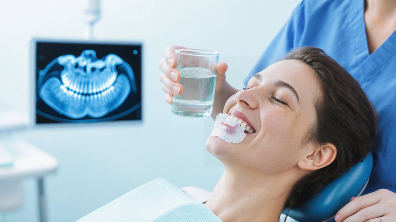 Pacient po extrakci osmičky, dásně s gázo, dentista podává ústní vodu.