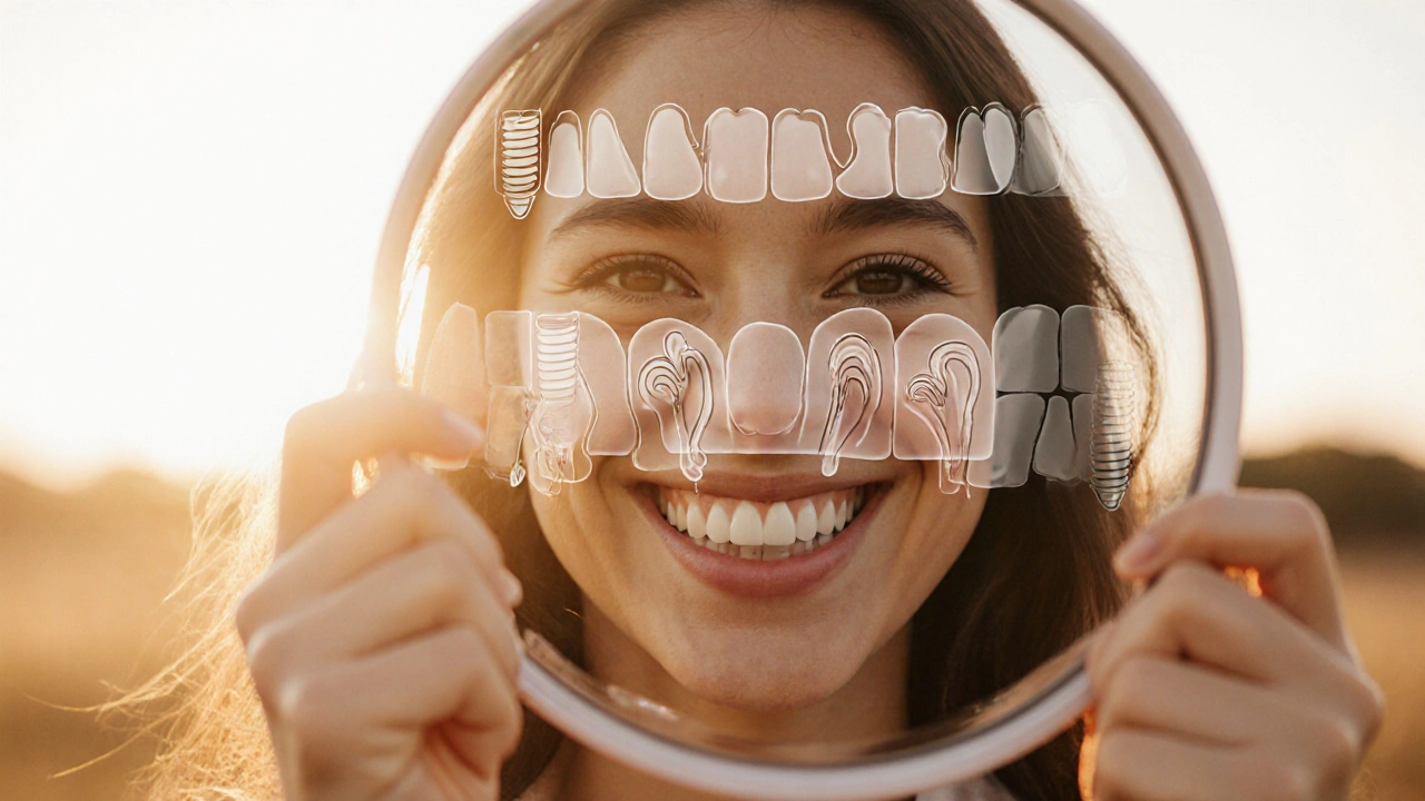 Pacient se usmívá do zrcadla s novým zubním implantátem.