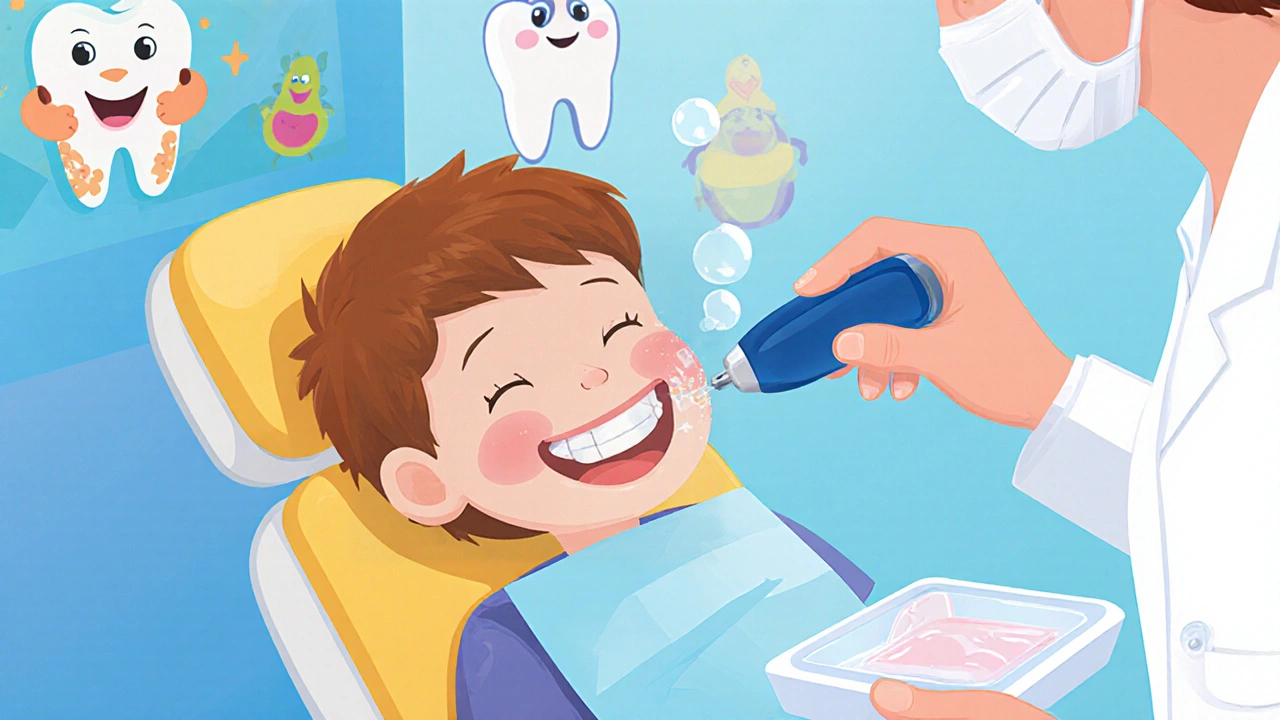 Pediatrický zubař odstraňuje zubní kámen u usmívajícího se dítěte pomocí ultrazvukového čističe.