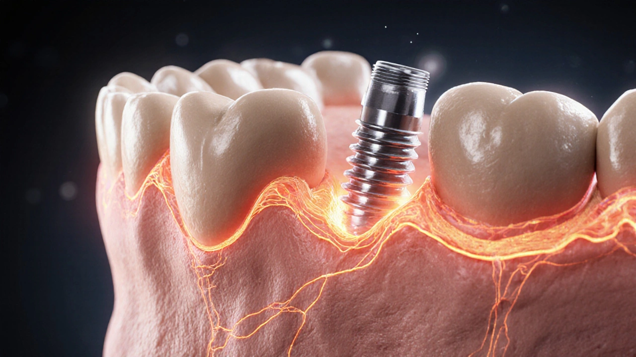 Přehled čelisti s implantátem, jak se postupně spojuje s kostí.
