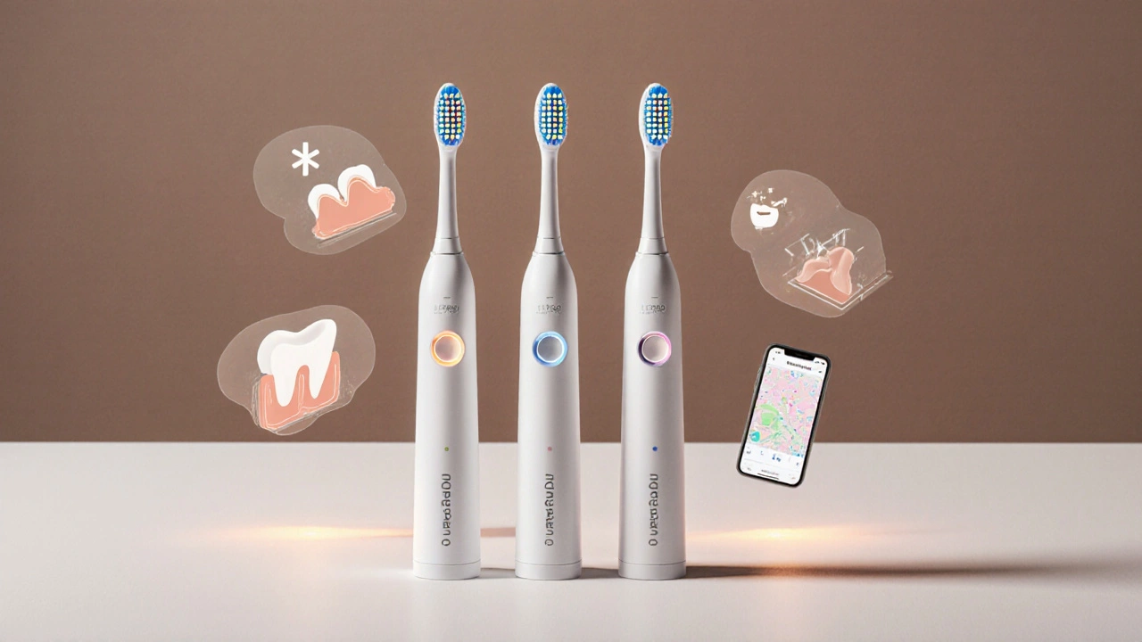 Tři modely Curaprox kartáčků na bílém pozadí s ukázkami jejich funkcí: jednoduchý režim, tři režimy a Bluetooth spojení.