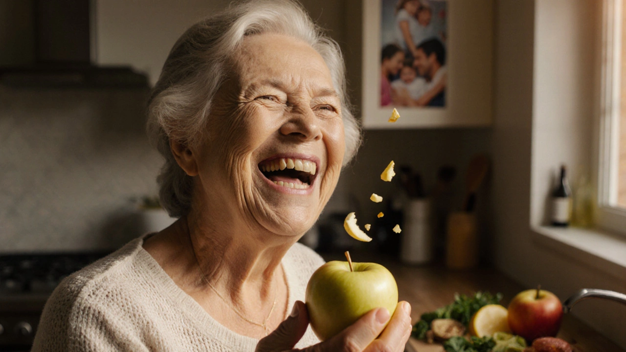 Žena se směje v kuchyni, když jí zuby nezakrývají přirozený úsměv.