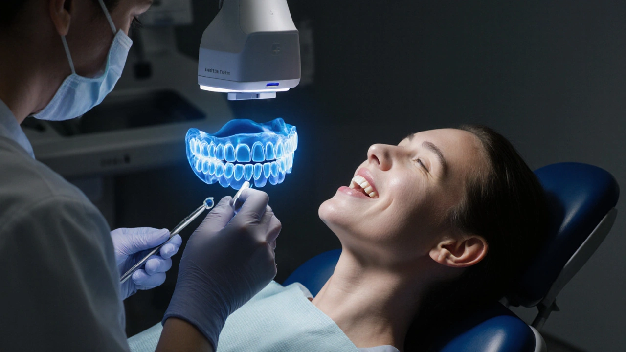 Zubní lékař používá digitální skener k vytvoření 3D modelu ústní dutiny.
