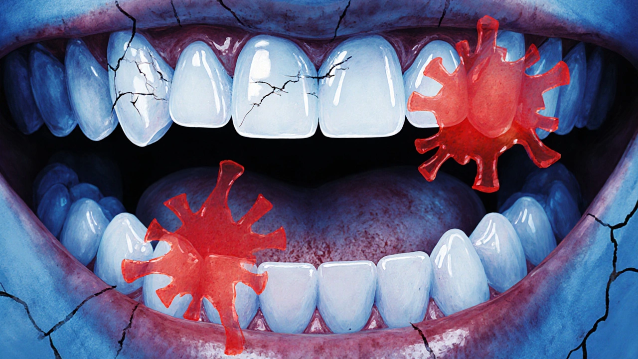 Abstraktní znázornění autoimunitního útoku na zubní sklovinu a slinné žlázy