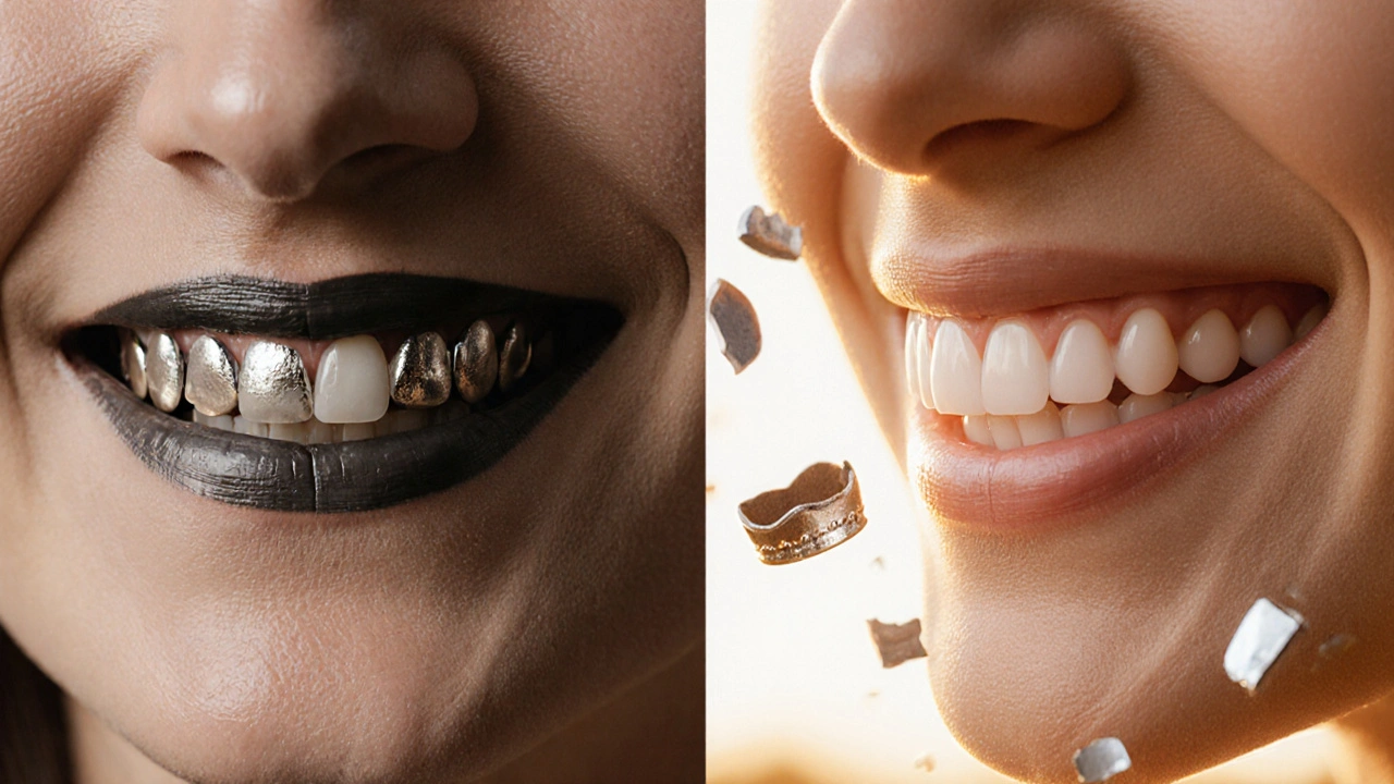 Before-and-after smile transformation showing metal crown replaced by seamless ceramic.