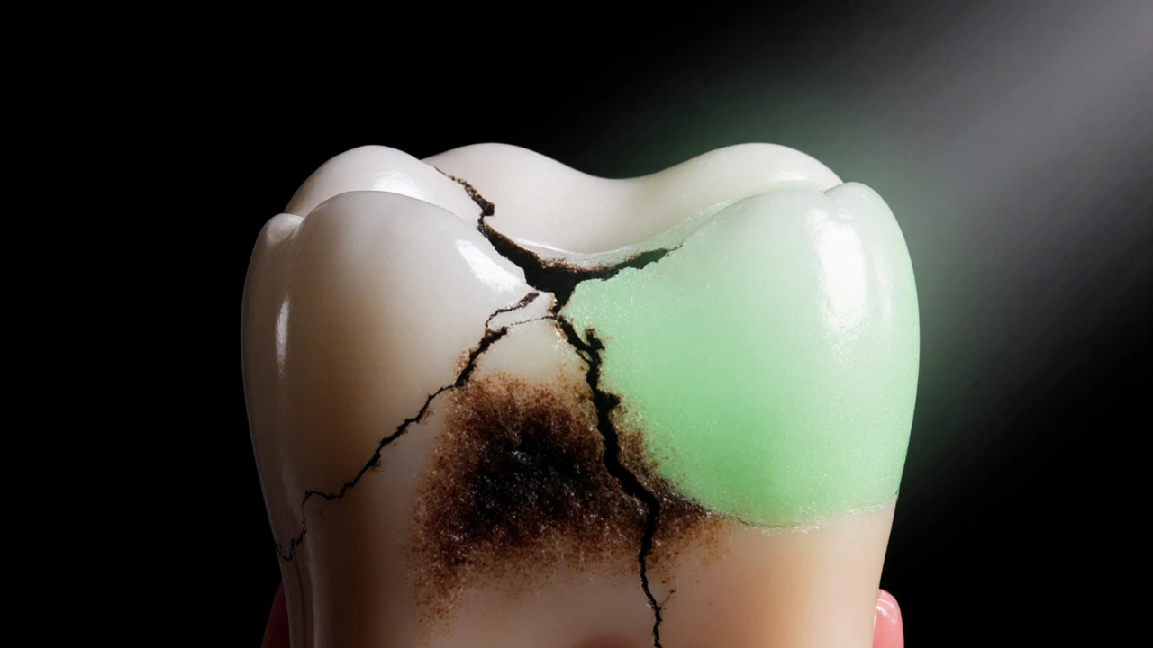 Broken veneer revealing tooth decay underneath, with protective underlay visible beside it