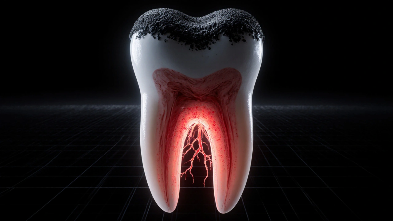 Černý zubní kámen maskující skrytou infekci pod povrchem.
