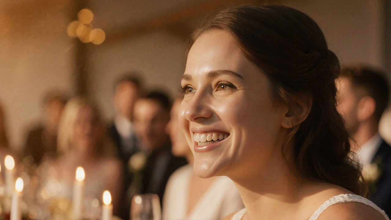 Člověk se usmívá při svatbě s přirozeně vypadajícími nalepovacími zuby.