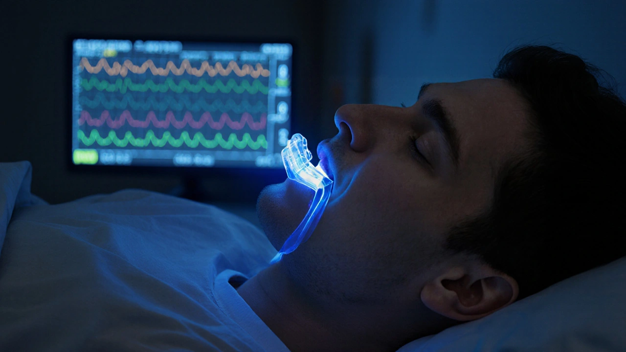 Člověk spí s ortodontickým zařízením, které otevírá dýchací cesty