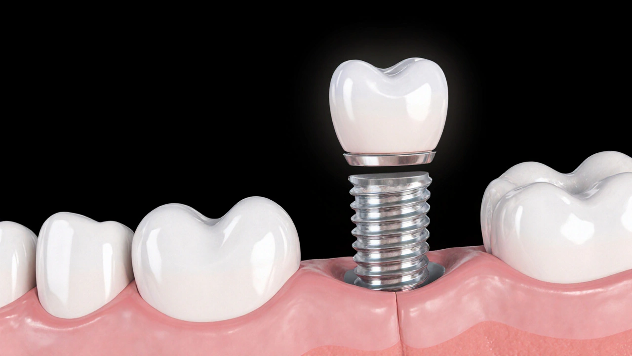 Cross-section of a ceramic dental implant blending naturally with gum tissue.