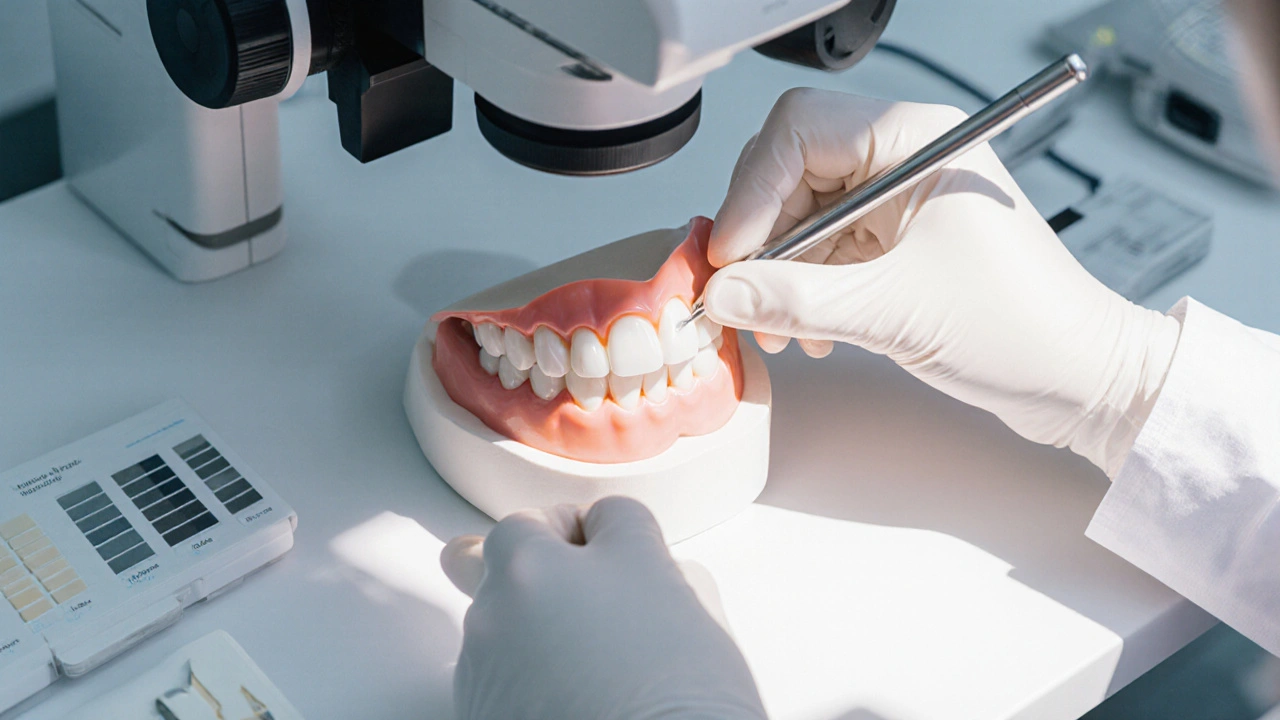 Dentální technik přesně umisťuje keramickou fazetu na zubní model.