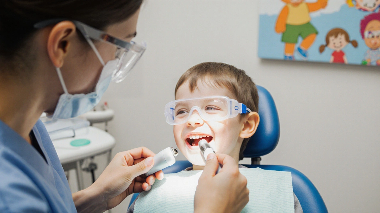 Dítě ve dětské zubní klinice dostává profesionální čištění zubů.
