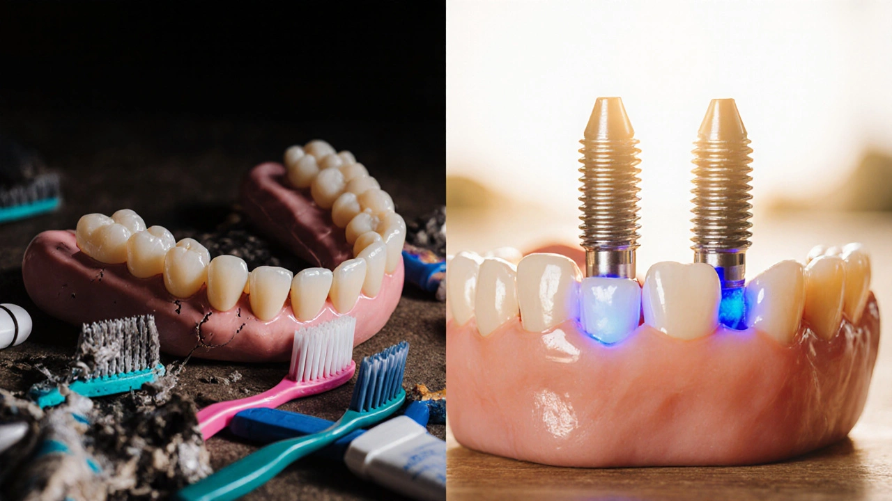 Dvě cesty: špatně sedící protéza vs. protéza na implantátech s jasným spojením.