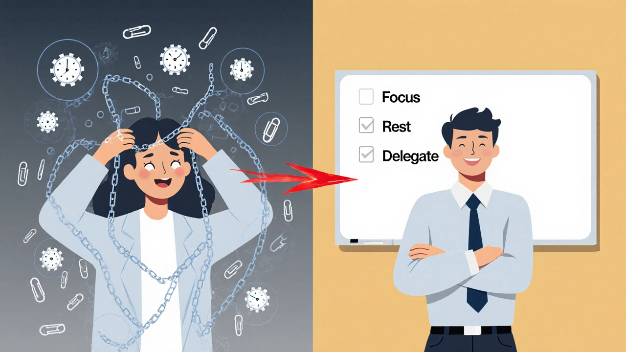 Dvě scény: jedna s lidmi zatíženými neviditelnými úkoly, druhá s klidnou osobou a jasnými prioritami.