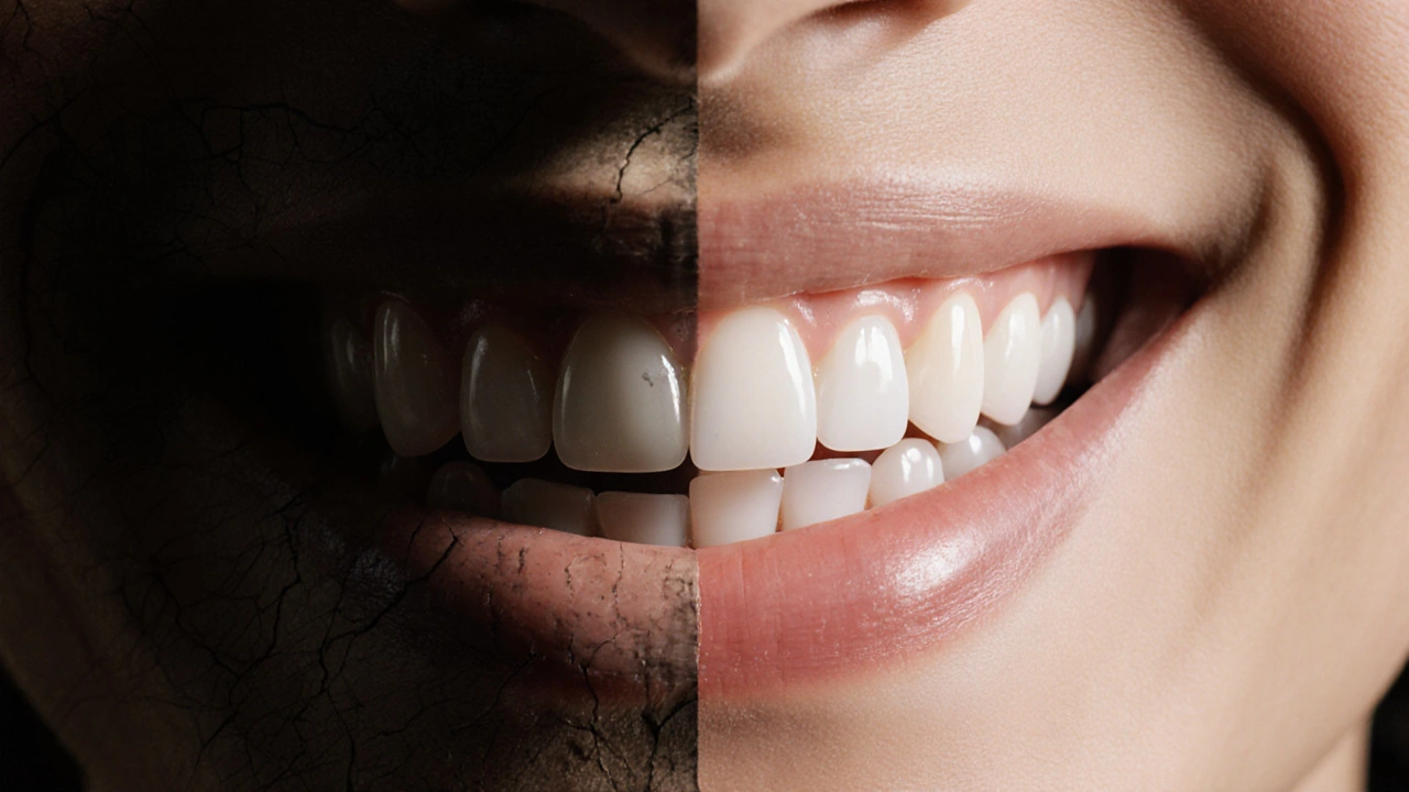 Dvě strany úsměvu: jedna poškozená, druhá zdravá a zářící, symbolizující důslednou péči o zuby.