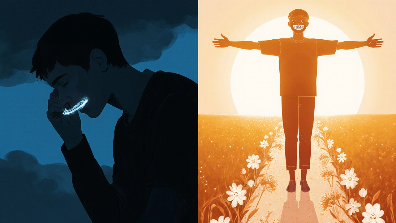 Dvojité zobrazení: jedna strana ukazuje skrývání úst, druhá strana osvobozený úsměv pod sluncem.