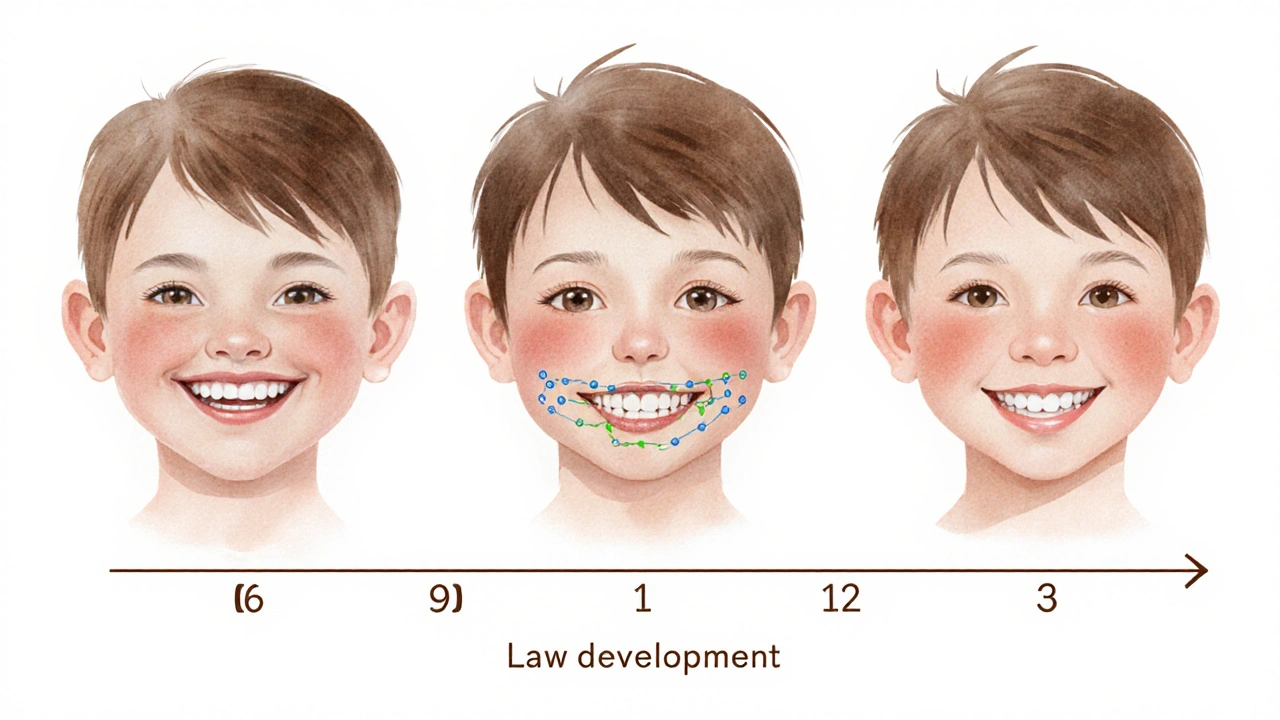 Ilustrace vývoje čelisti dítěte od 6 do 12 let s rozšiřovacím zařízením.