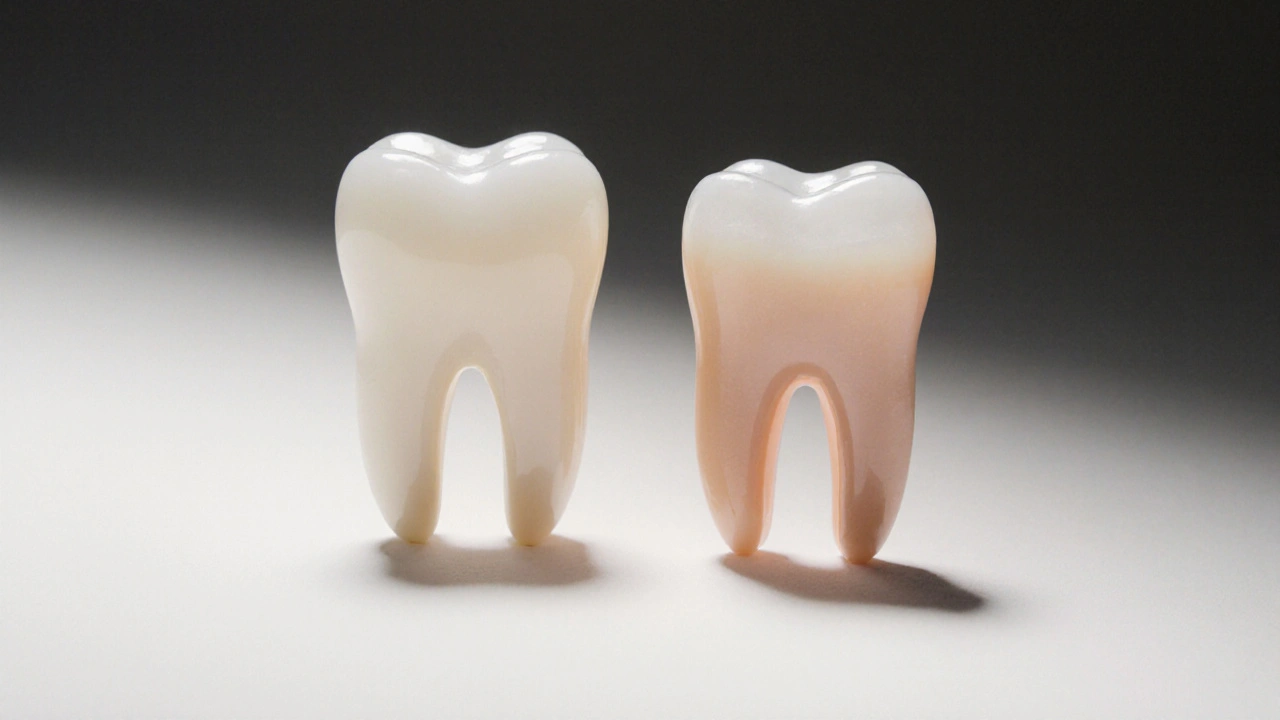 Keramická zubní korunka vedle přirozeného zubu na bílém pozadí, stejná barva a struktura.