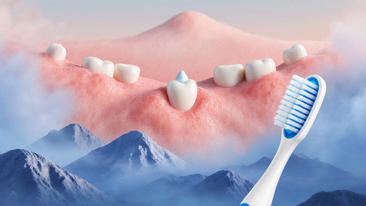 Konceptuální obraz dásní jako krajiny s vyrážejícími zoubky a jemným kartáčkem.