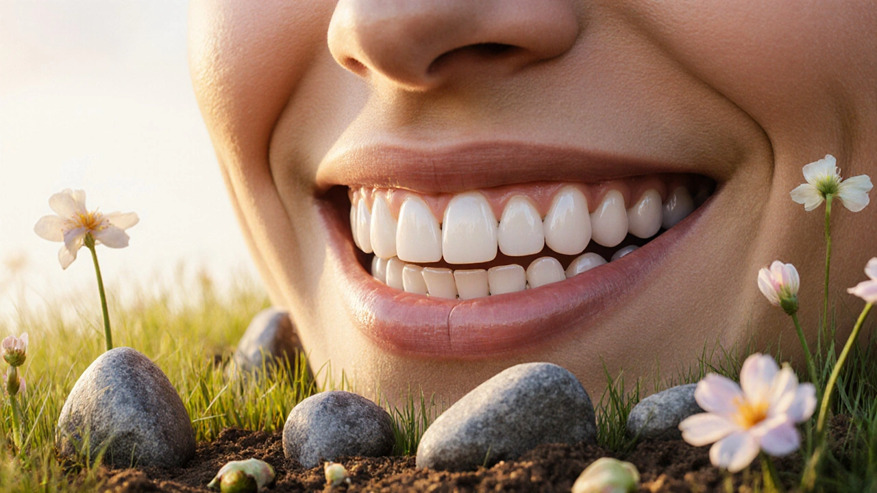 Konceptuální obrázek obličeje jako zahrady s kameny představujícími špatně postavené zuby.