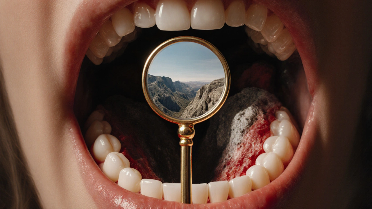 Konceptuální obrázek úst jako krajiny, kde zrcátko odhaluje skryté oblasti zdraví zubů.