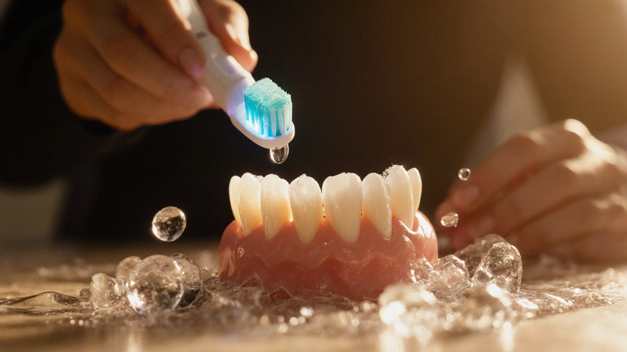 Korunka a fluoridová pasta chrání poškozené zuby, voda a elektrický kartáček symbolizují péči