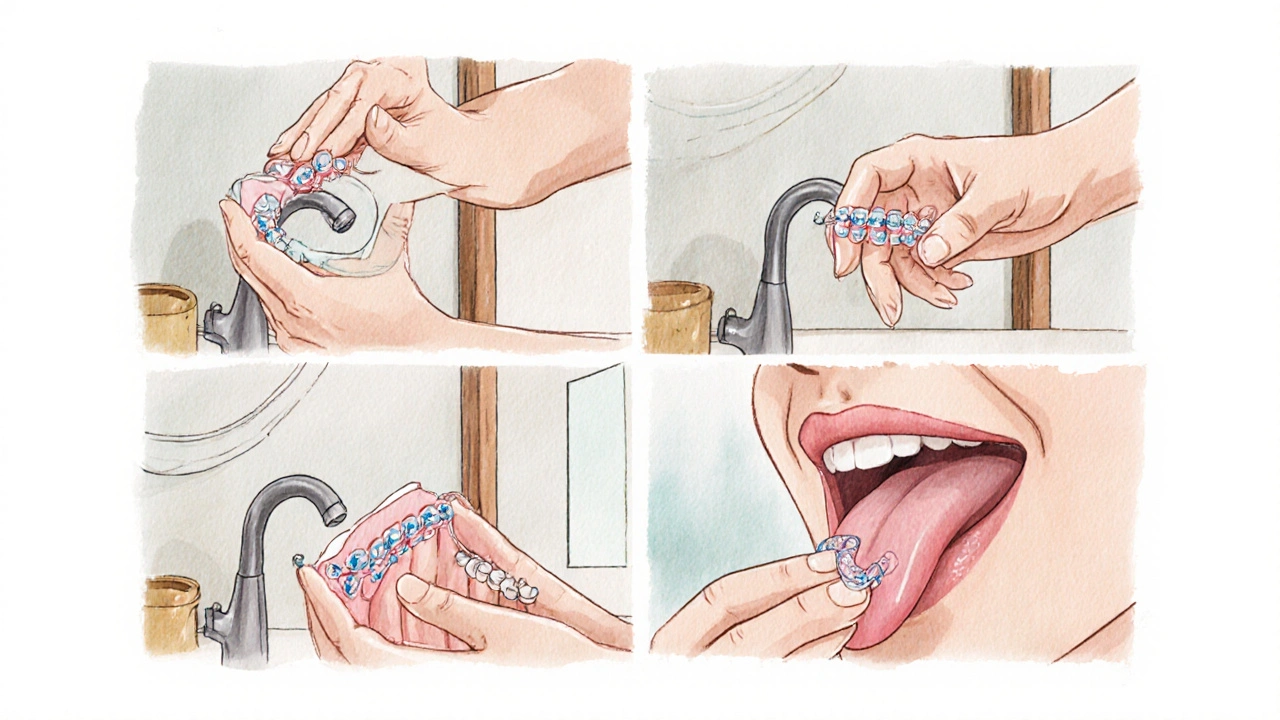 Kroky nasazení zubní mušky v jemném vodové barvě.