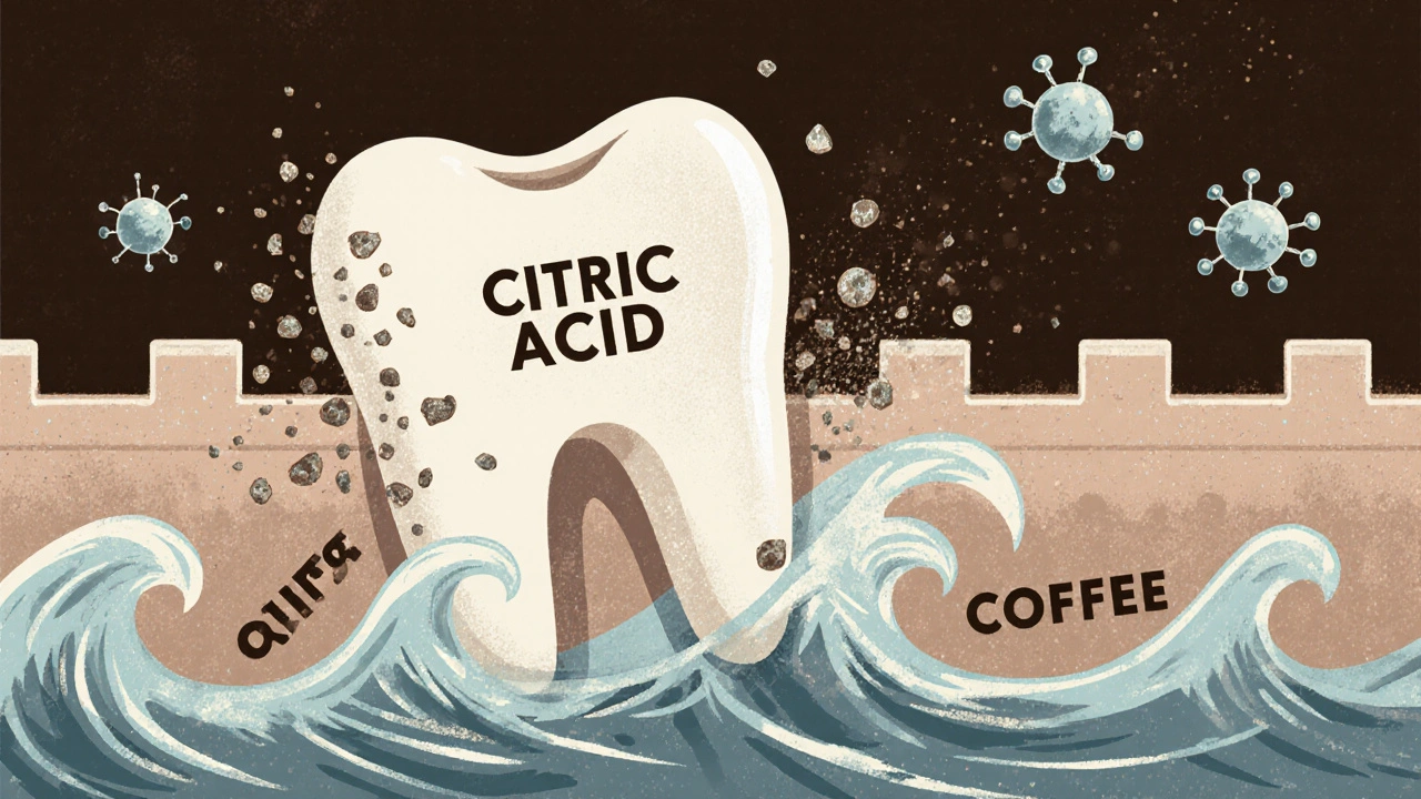 Kyselina ničí zubní sklovinu, minerály se uvolňují, sliny se snaží opravit poškození.