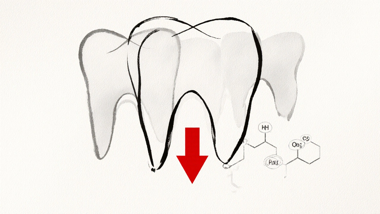 Minimální černobílá kresba zubu s odkrytým kořenem a červenou šipkou ukazující na krček.