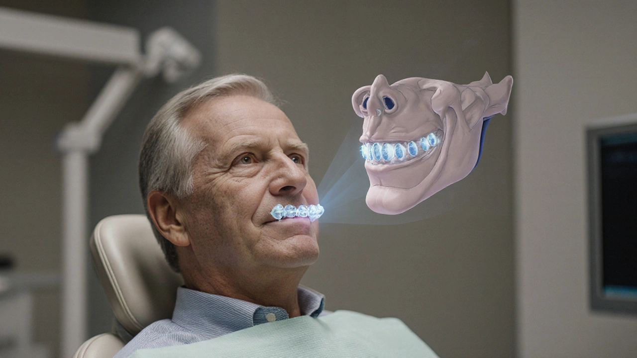 Muž s průhlednými rovnátky a 3D projekcí jeho čelisti během ortodontické léčby.