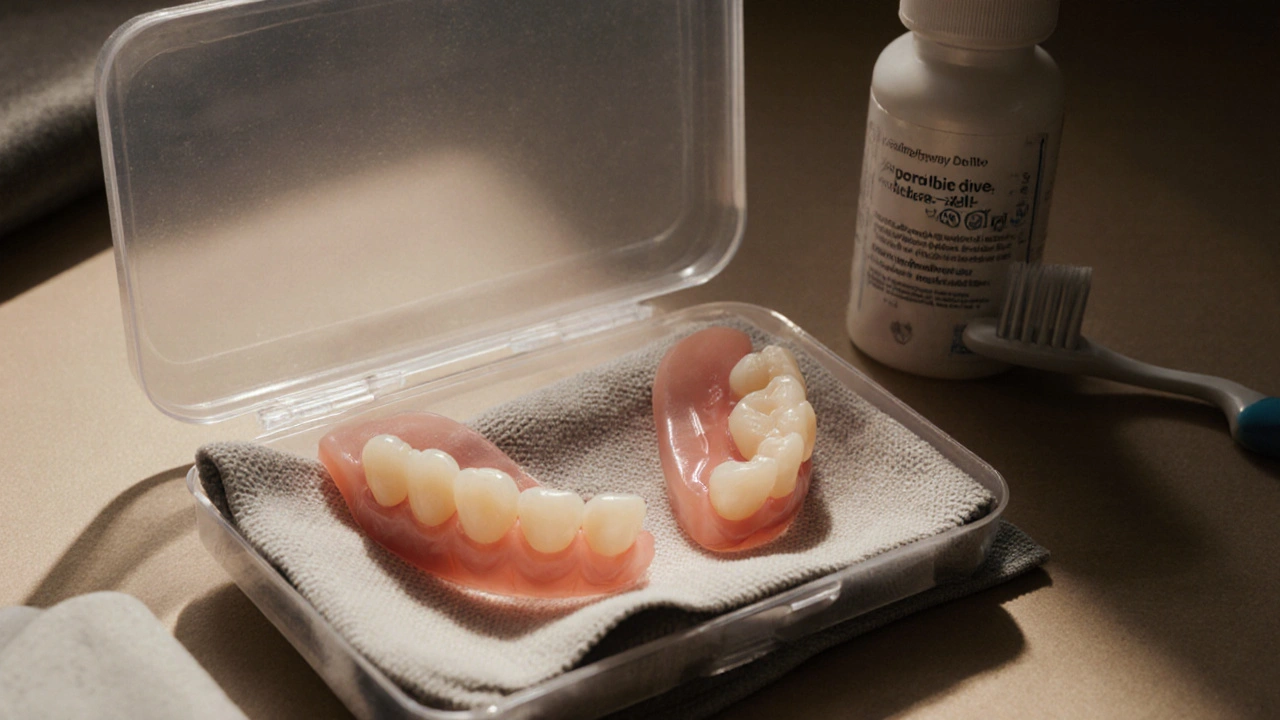 Nalepovací zuby uložené na suchém hadříku v plastové krabičce s houbou.