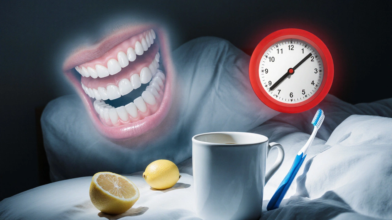 Osoba spí s ochrannou štítovou destičkou, vedle ní citron, káva a kartáček.