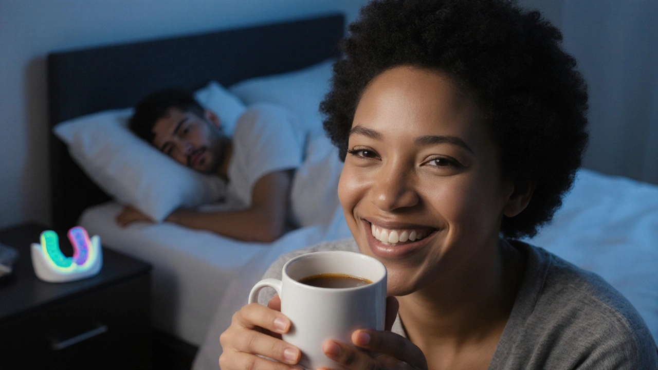 Osoba usmívá se s kávou, na nočním stolku viditelný zubní štít.
