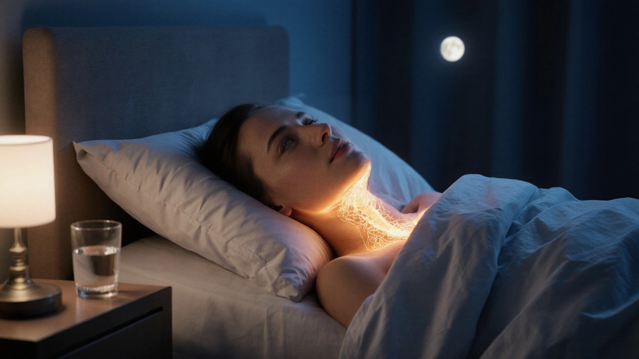 Pacient spí v klidu, s vnitřním světlem symbolizujícím hojení čelisti.