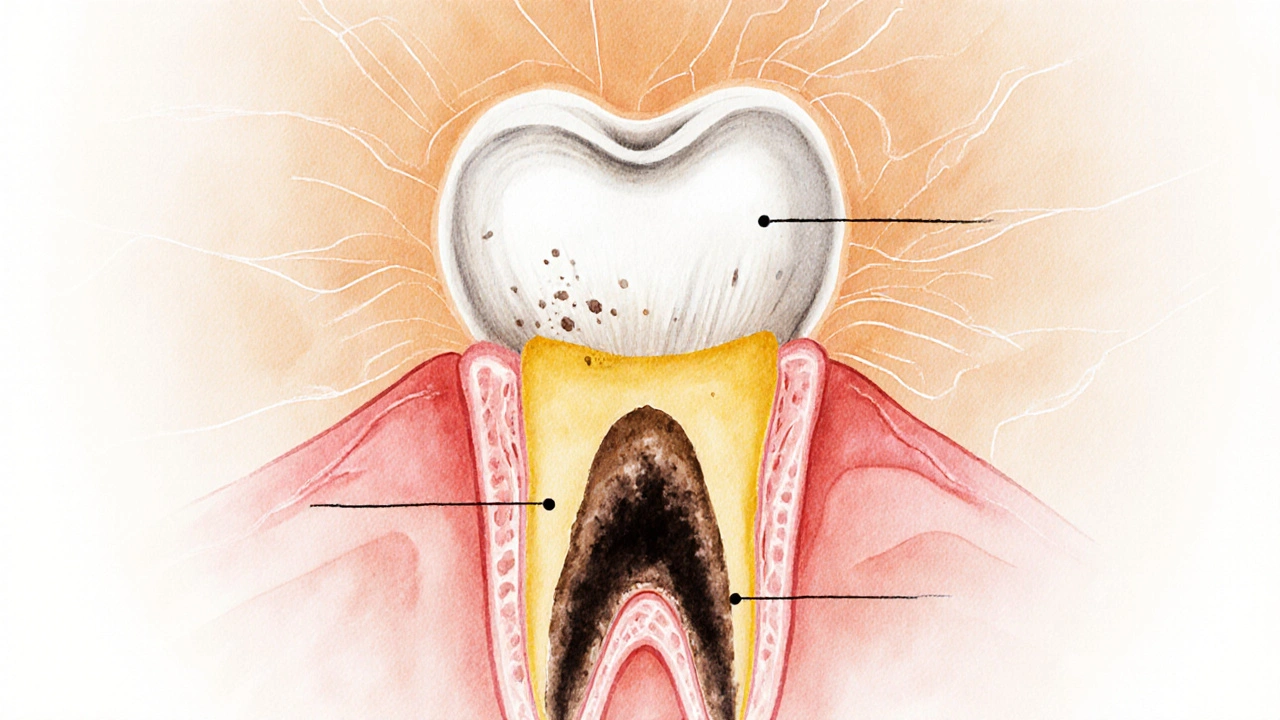 Postupné poškození zubu od sklovinky po pultu.