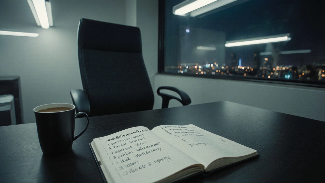 Prázdná kancelář v noci s poznámkou o neviditelných úkolech na stole.