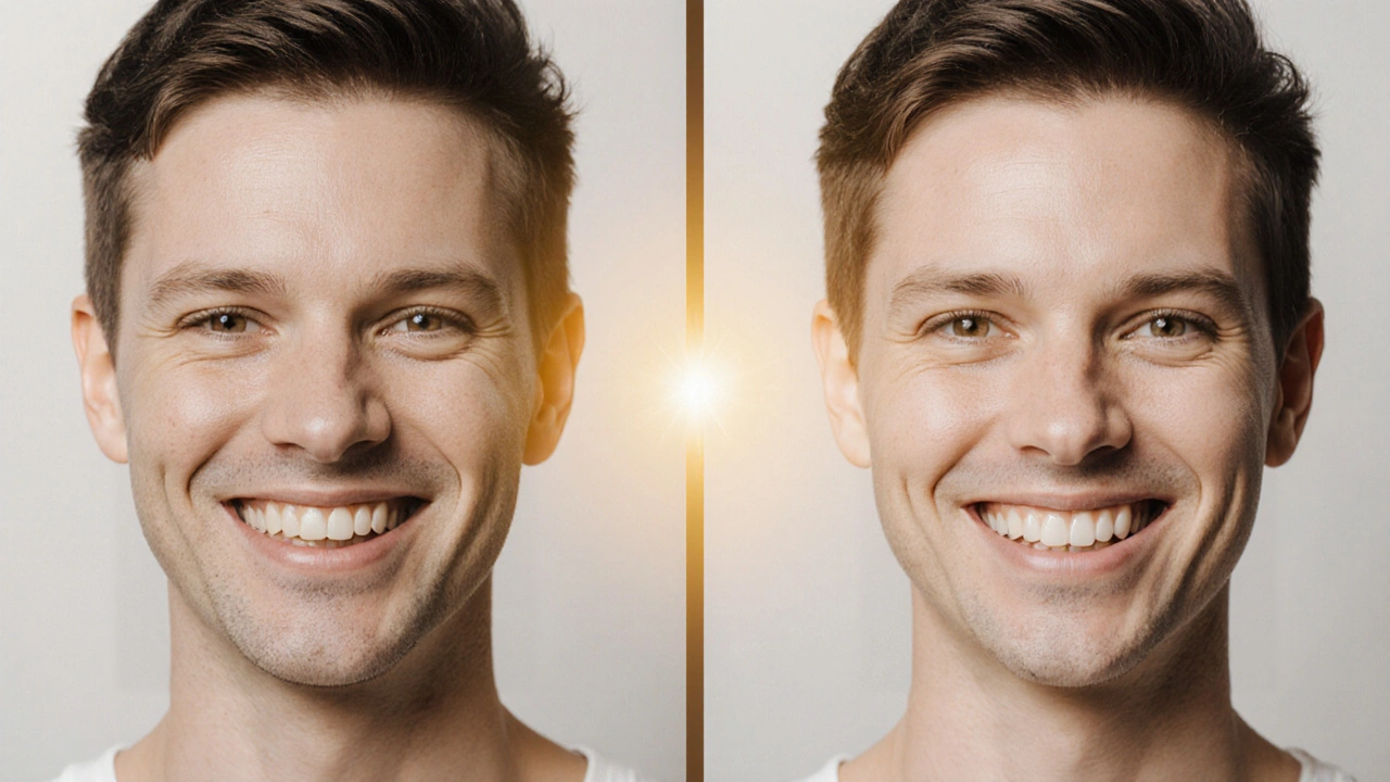 Před a po transformaci úsměvu s fazetami – od zbarvených zubů k dokonalému úsměvu.