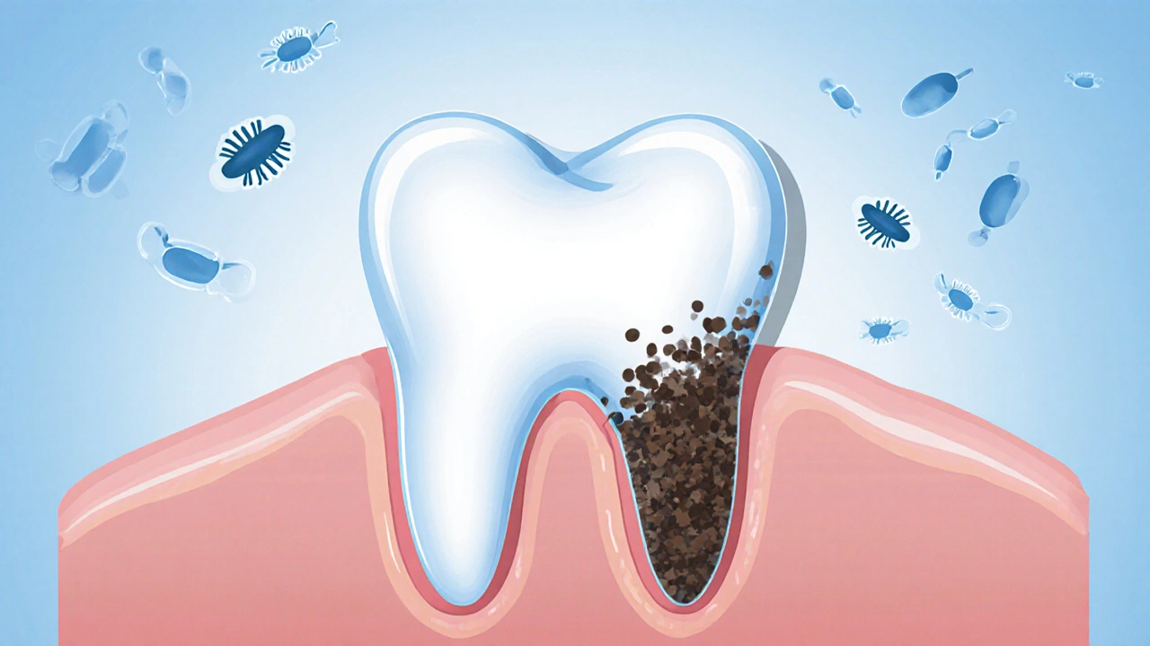 Přehledná ilustrace zubního kamene na mléčném zubu s plakem a bakteriemi.