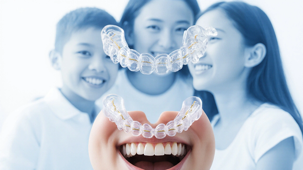 Průhledné rovnátka a gumové kroužky spojující horní a dolní zuby ve vzduchu.