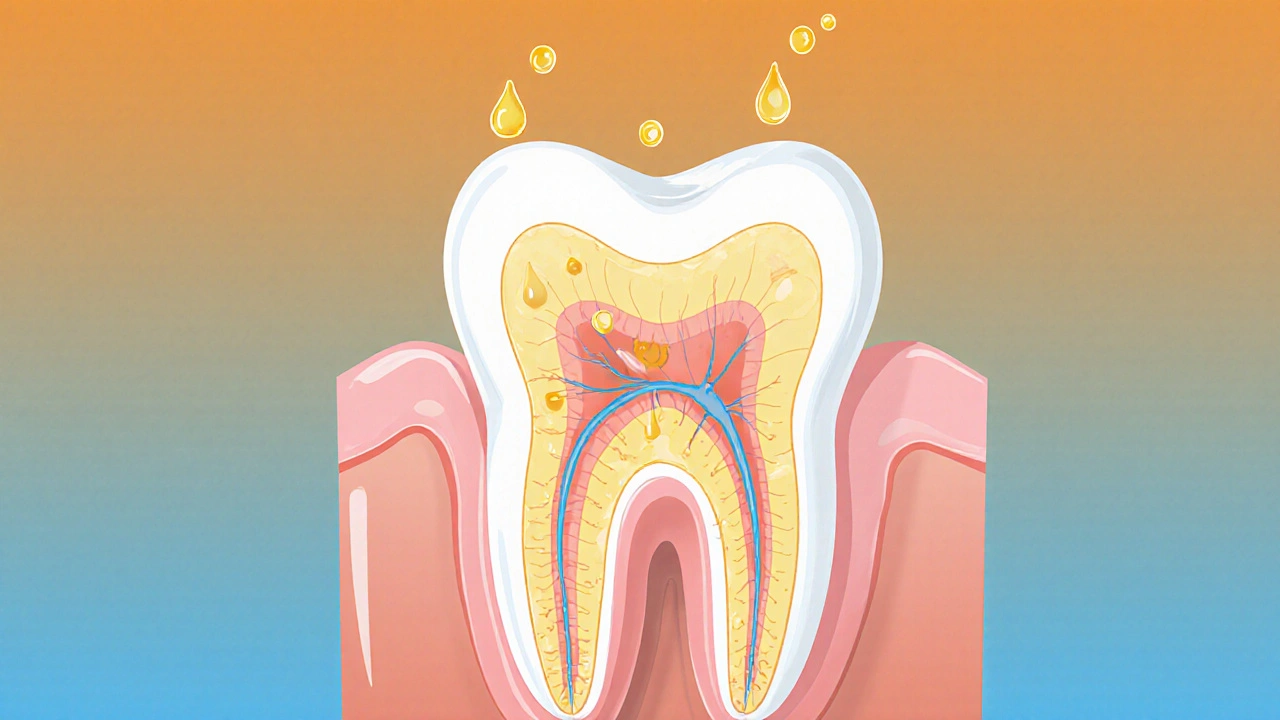 Průřez zubu s odhalenou dření a kyselými kapkami poškozujícími sklovinku, s odstupující dásní.