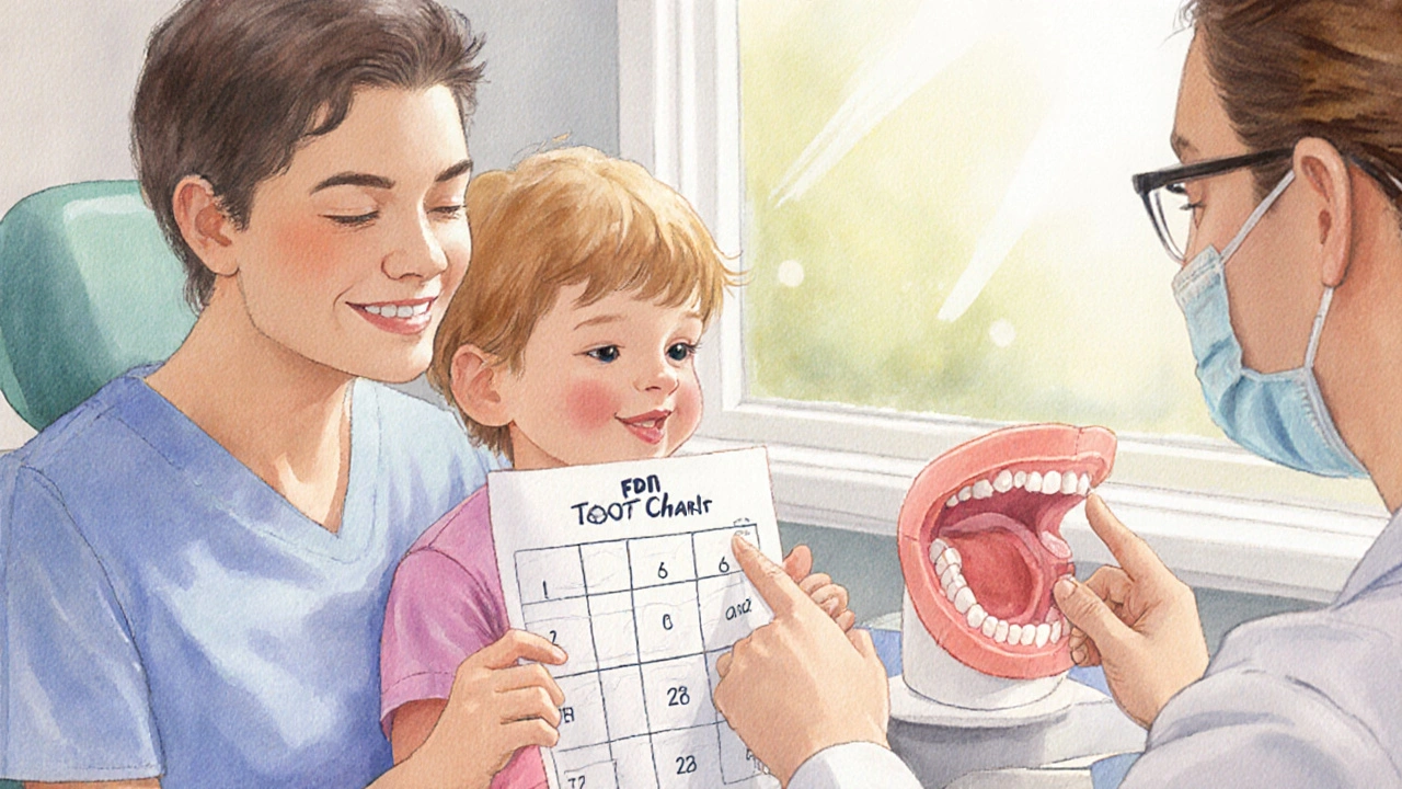 Rodič a dítě s dentálním lékařem, kteří společně sledují tabulku čísel zubů.