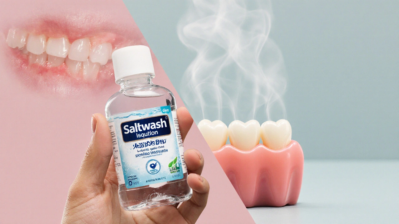 Rozdělený obraz: zánětlivé dásně vlevo a zdravé dásně vpravo s přírodní a komerční ústní vodou.